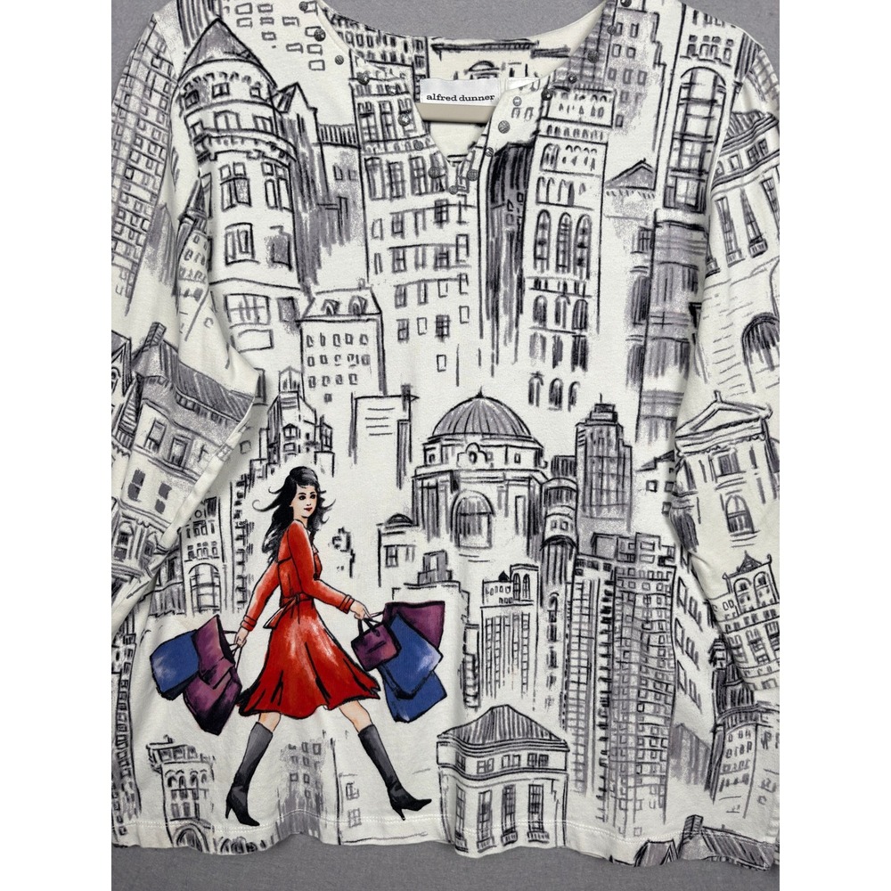Alfred Dunner Top Womens M Cityscape Shopper Graphic Rhinestone 3/4 Sleeve